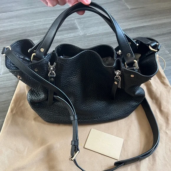 BURBERRY Maidstone Black Leather House Check Canvas Small Tote Bag - Picture 2 of 14